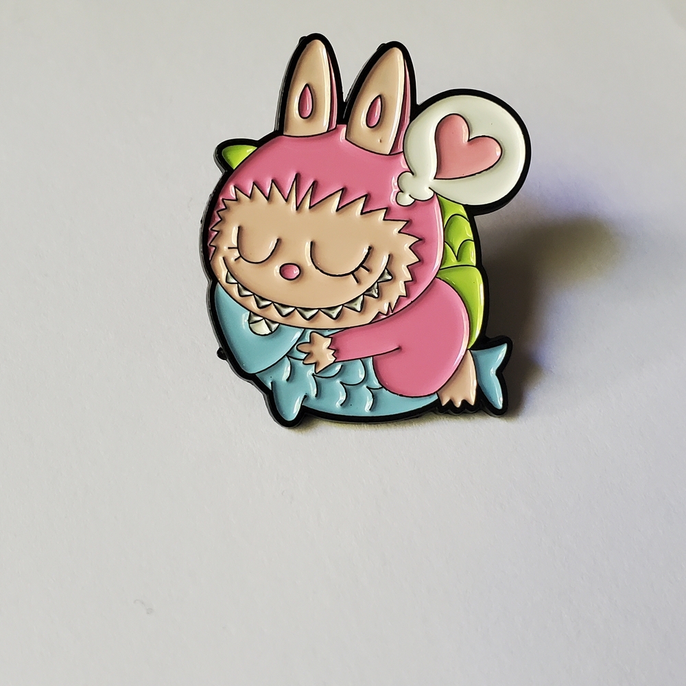 Pink Labubu Loves Fish Enamel Pin